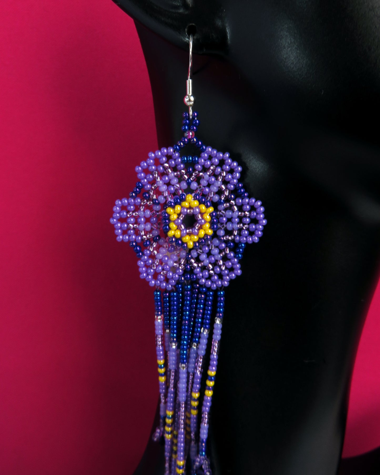 Purple and yellow Huichol Beaded Flower earrings | AF-0949