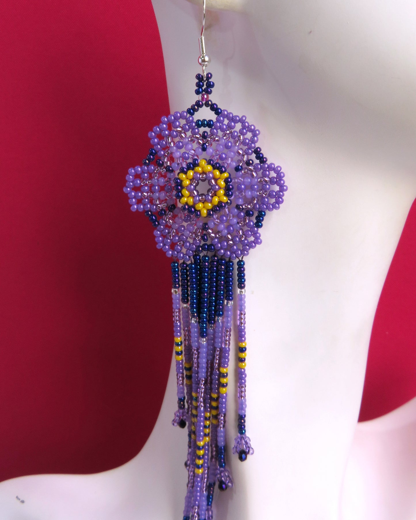 Purple and yellow Huichol Beaded Flower earrings | AF-0949