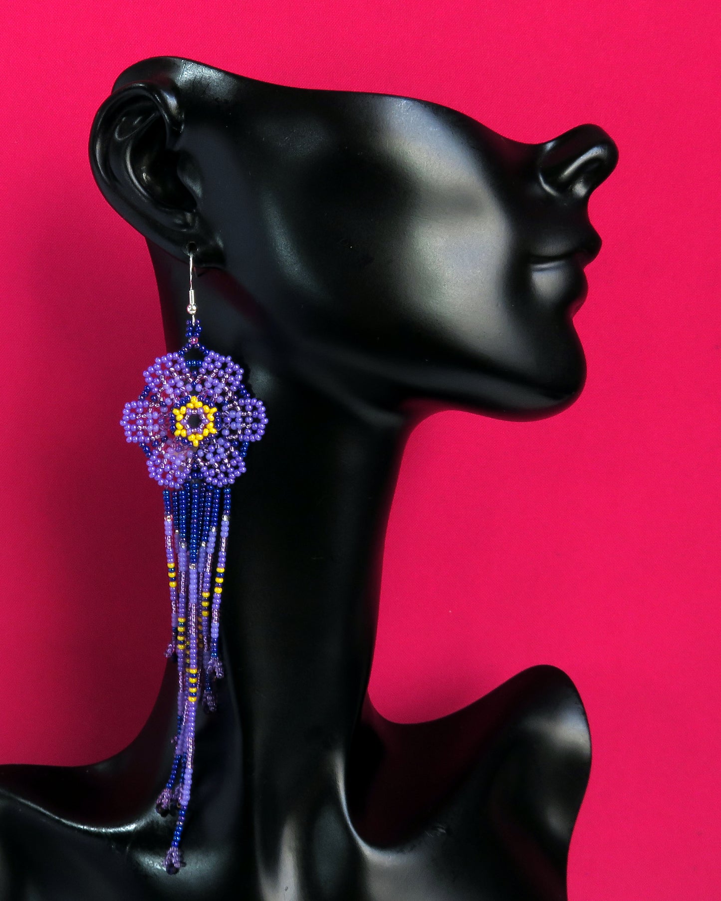 Purple and yellow Huichol Beaded Flower earrings | AF-0949
