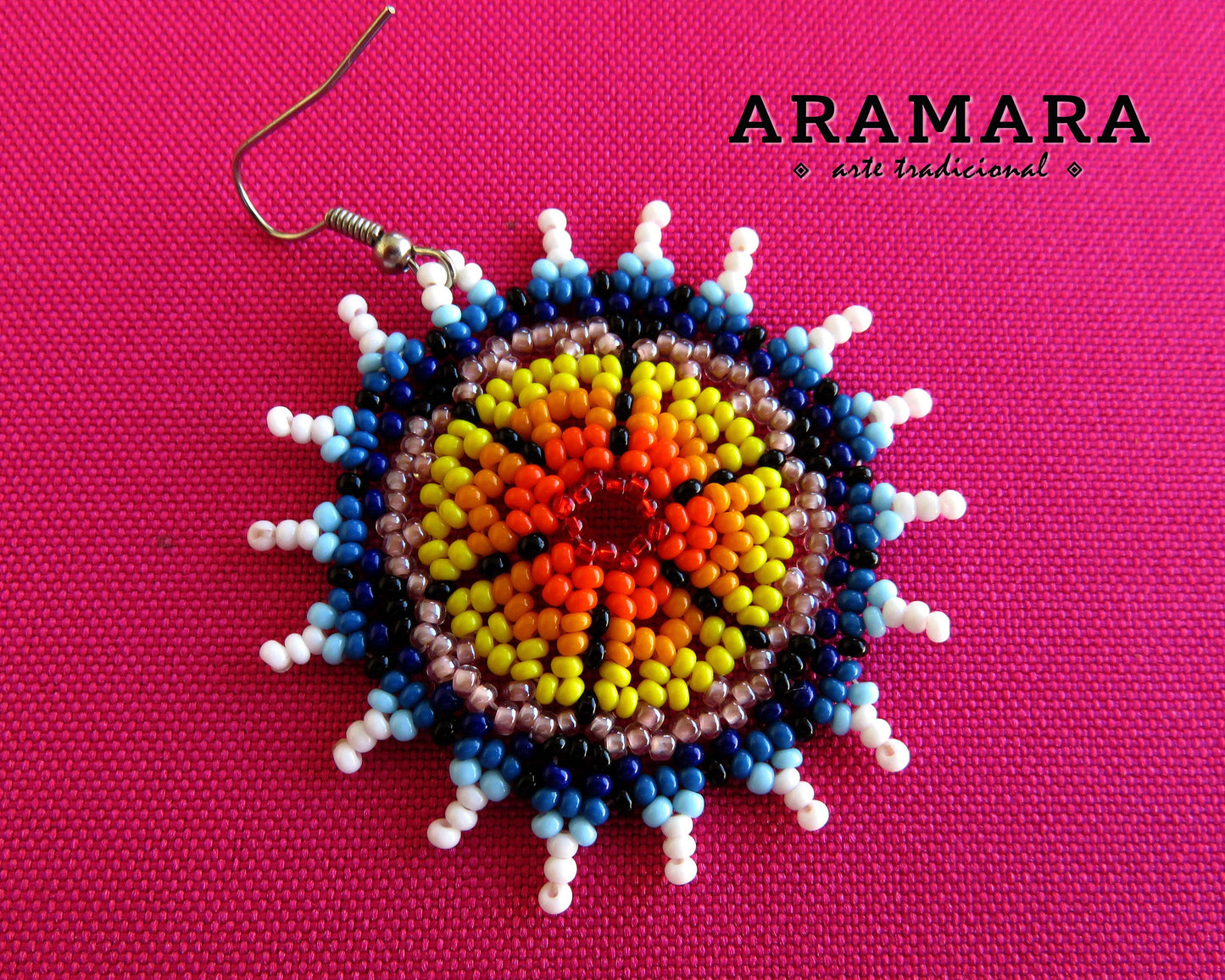 Blue and Yellow Huichol Beaded Flower Earrings | AF-0557