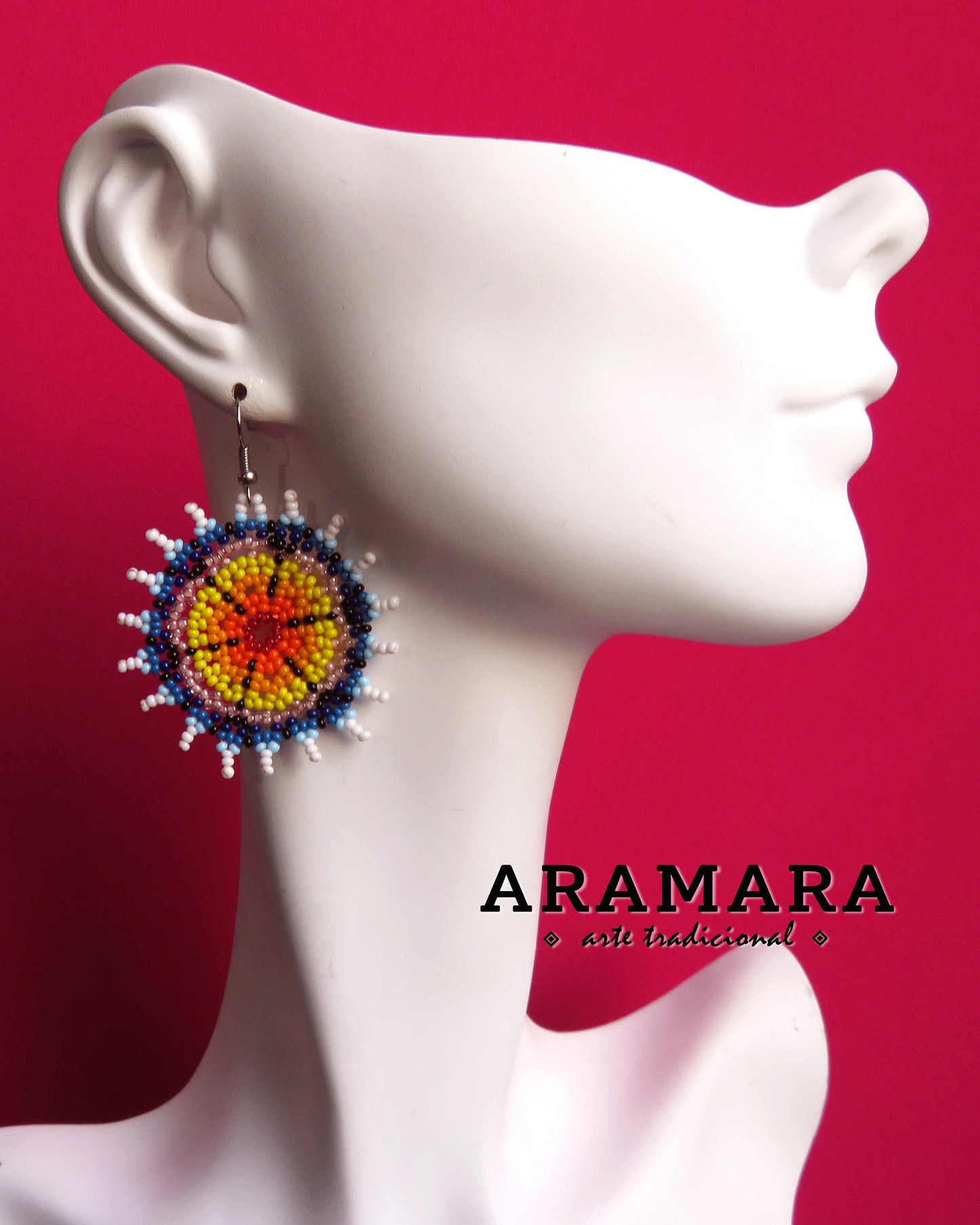 Blue and Yellow Huichol Beaded Flower Earrings | AF-0557