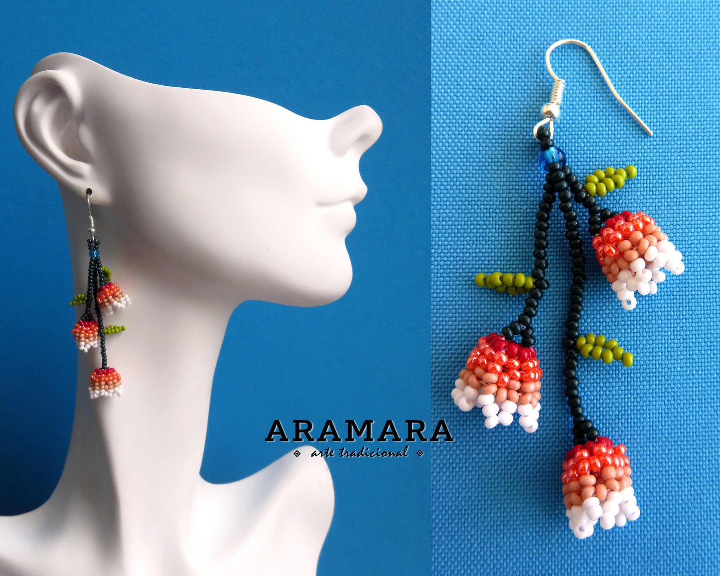 White and Pink Huichol Beaded Flower Earrings | AF-0611