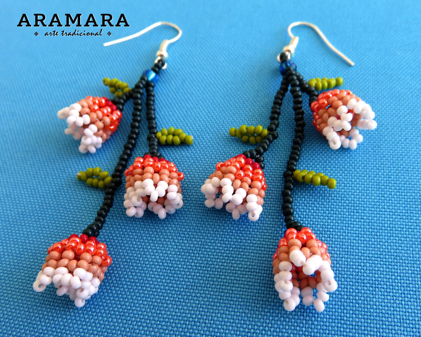 White and Pink Huichol Beaded Flower Earrings | AF-0611