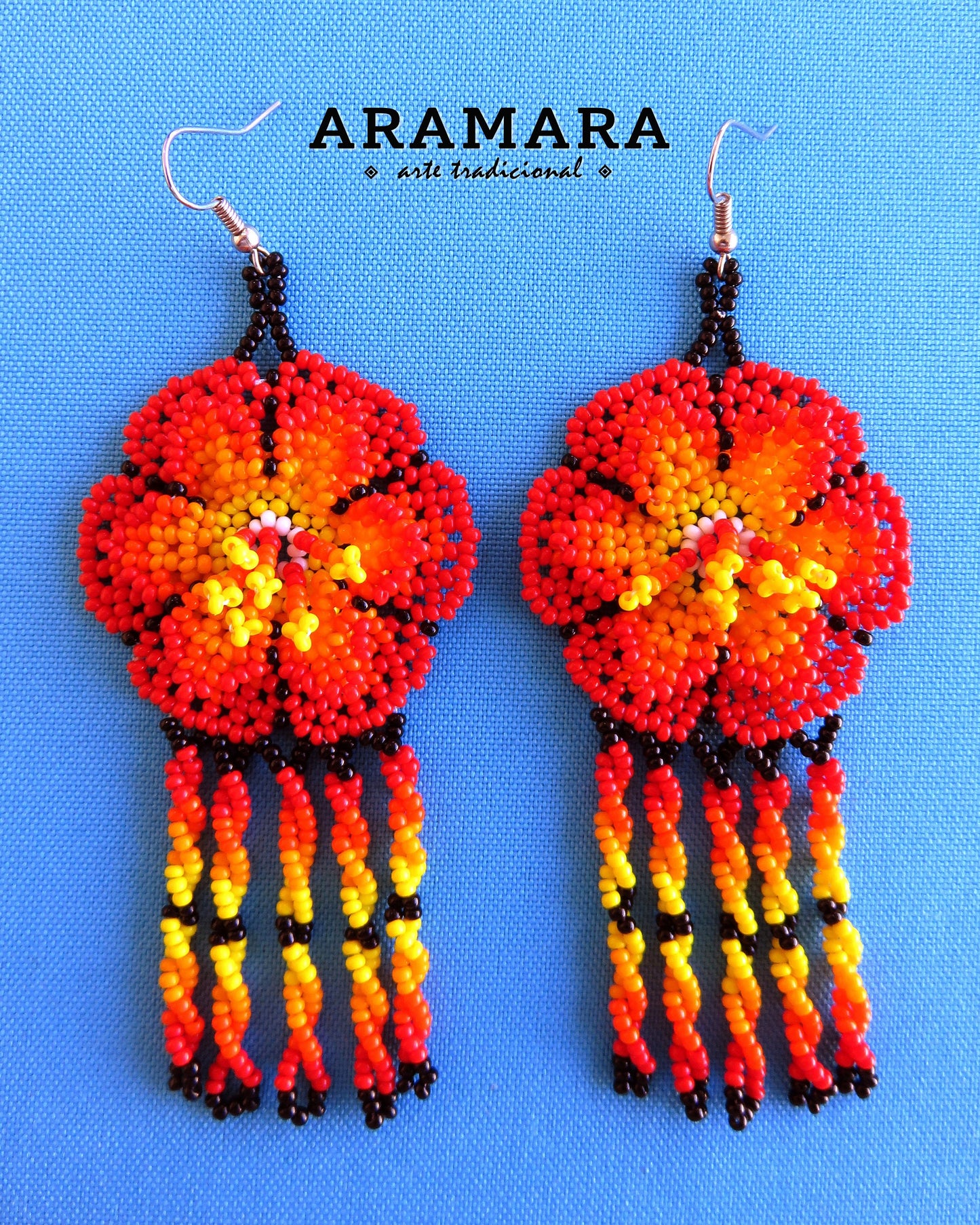 Red Huichol Beaded Flower Earrings | AF-0661