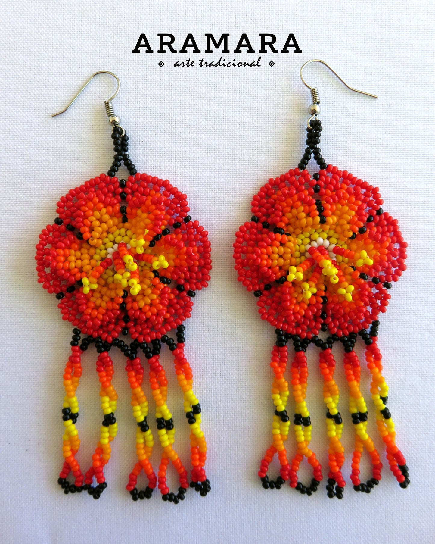 Red Huichol Beaded Flower Earrings | AF-0661