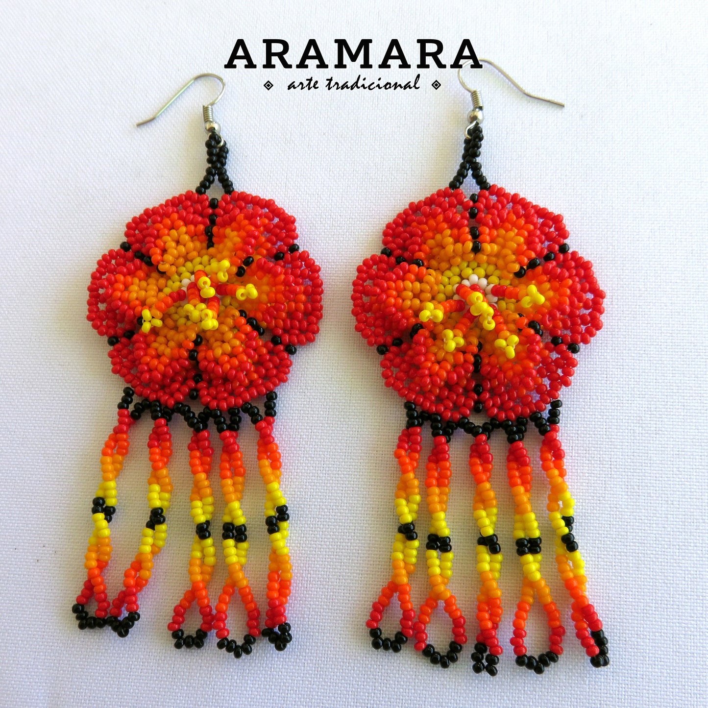 Red Huichol Beaded Flower Earrings | AF-0661