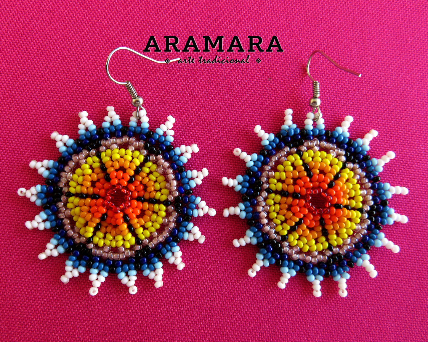 Blue and Yellow Huichol Beaded Flower Earrings | AF-0557
