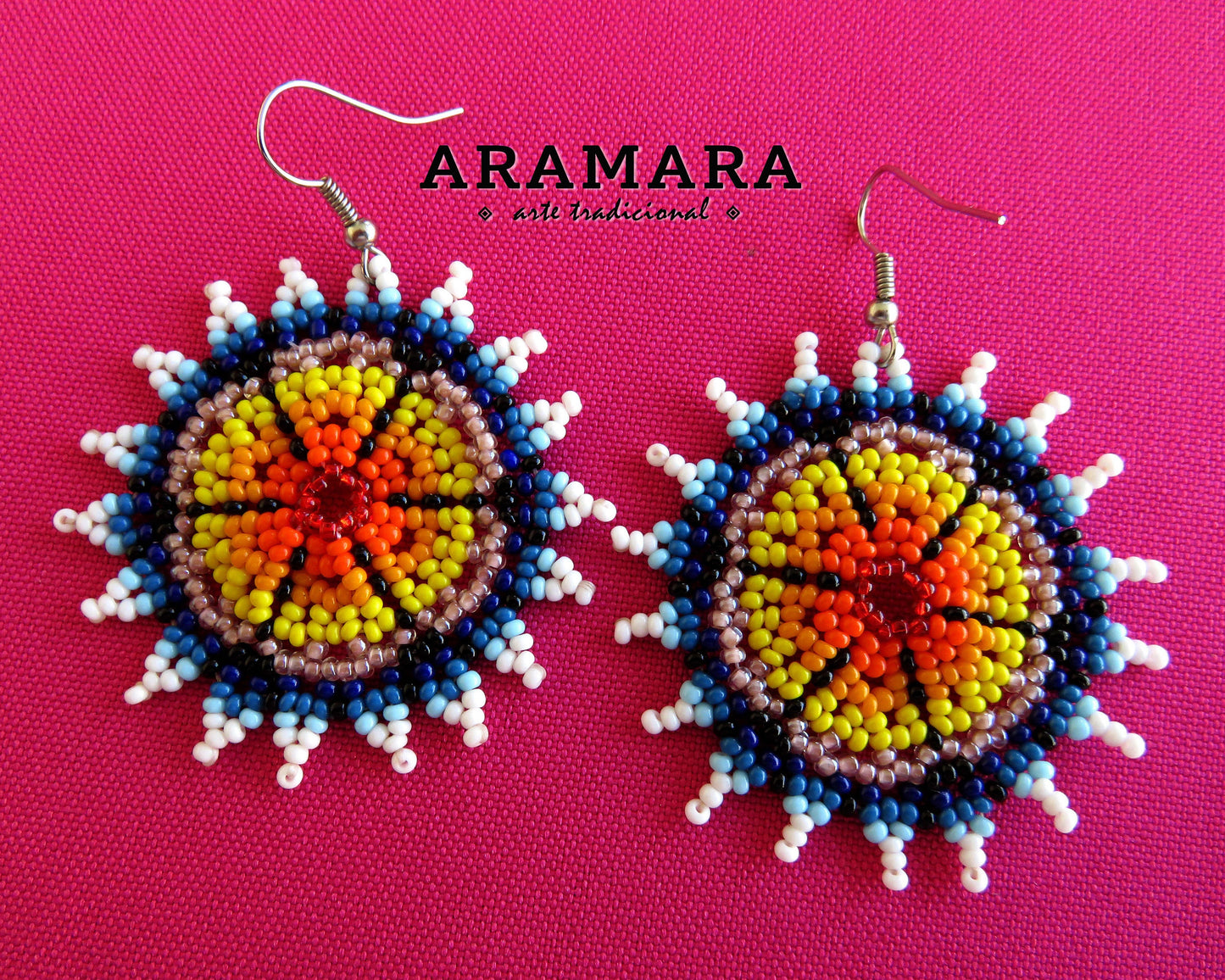 Blue and Yellow Huichol Beaded Flower Earrings | AF-0557