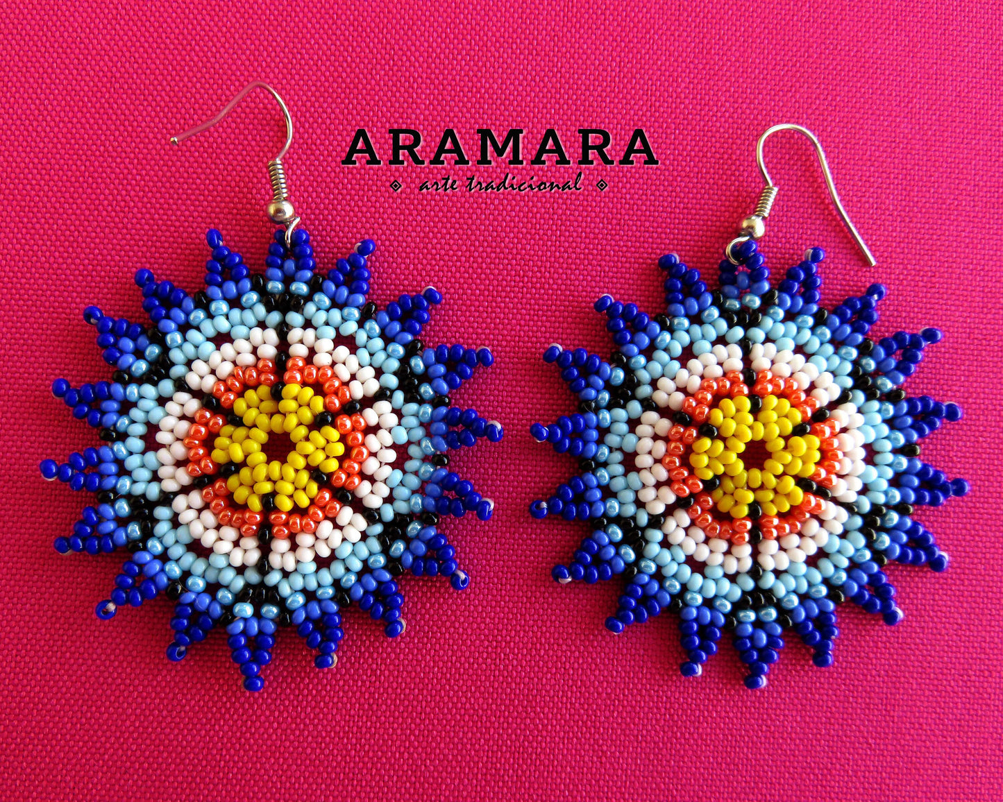 Blue and Yellow Huichol Beaded Flower Earrings | AF-0561