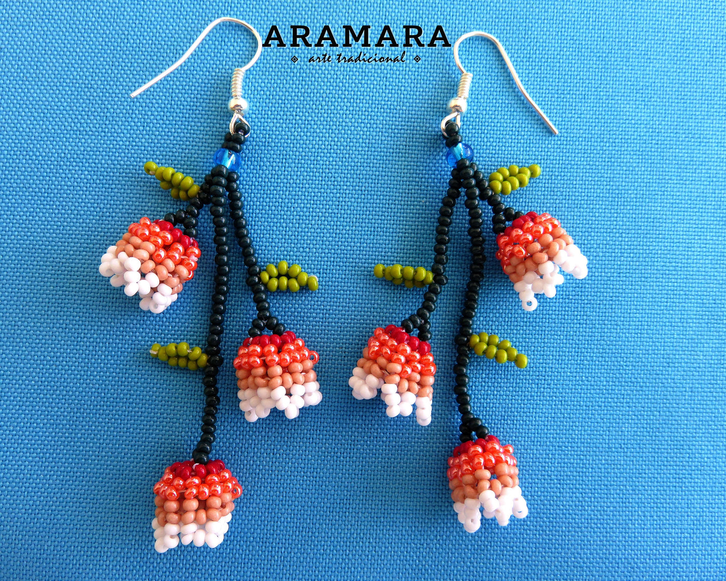 White and Pink Huichol Beaded Flower Earrings | AF-0611