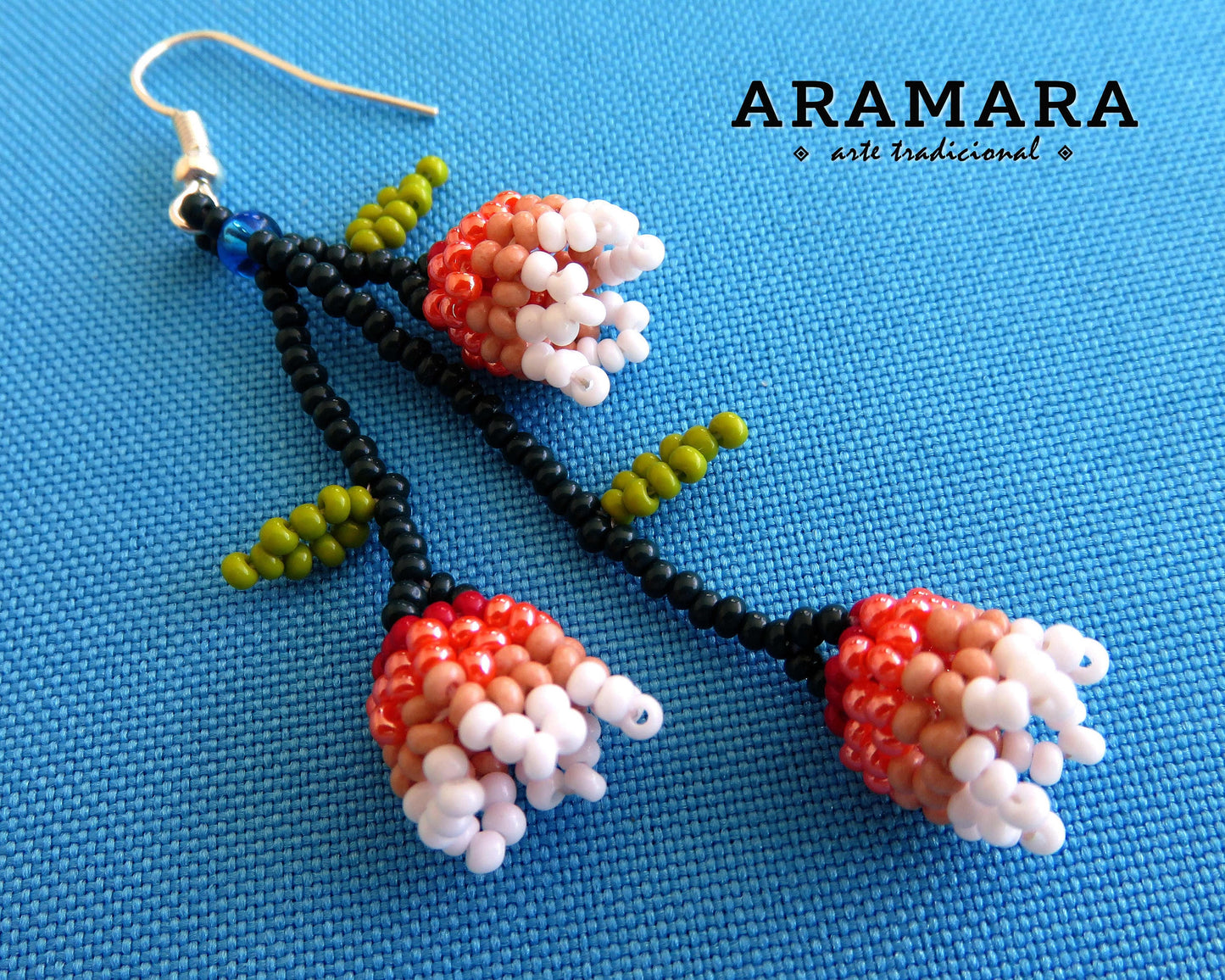 White and Pink Huichol Beaded Flower Earrings | AF-0611