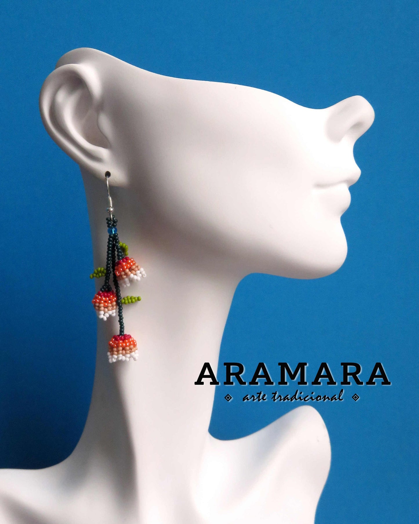 White and Pink Huichol Beaded Flower Earrings | AF-0611