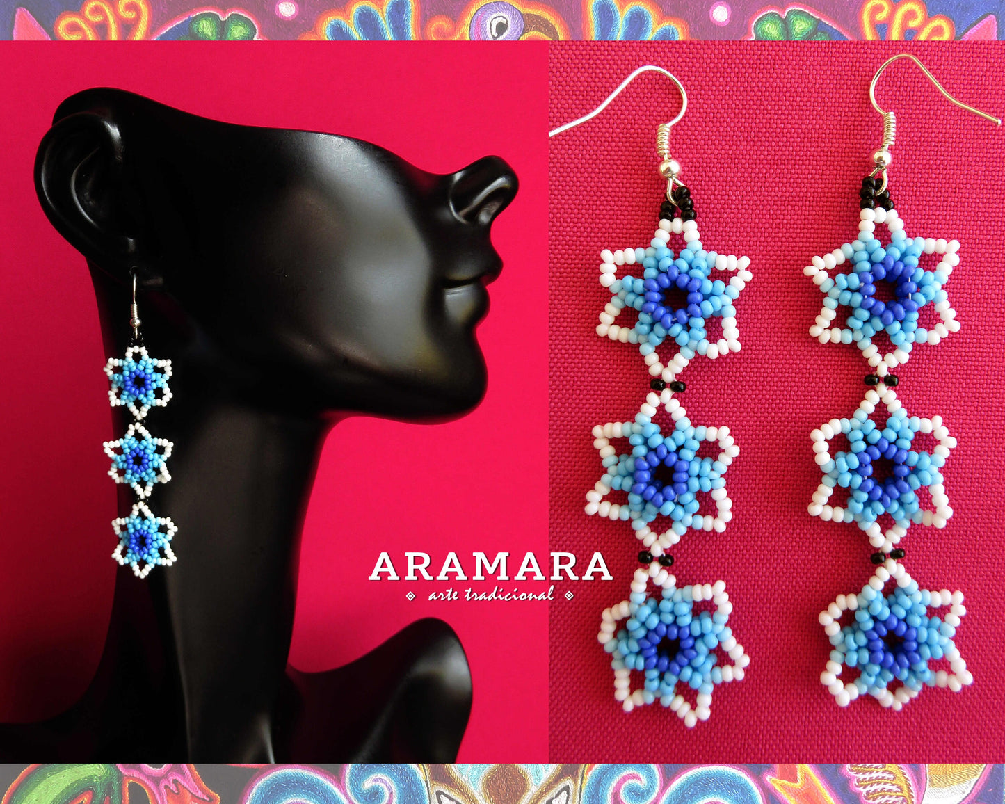 Mexican Jewelry, Mexican earrings, Mexican folk art, Huichol Earrings, Beaded Flower, Native american earrings, Flower Earrings, AF-0632