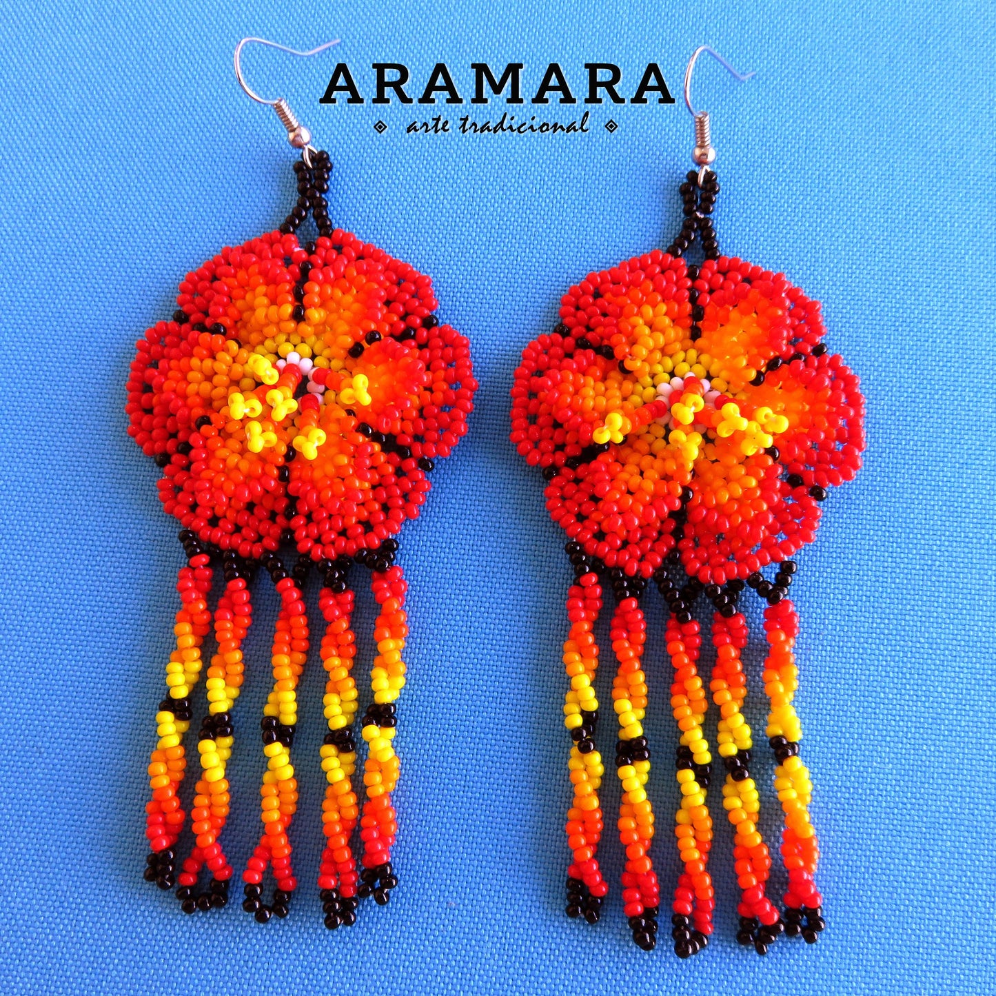 Red Huichol Beaded Flower Earrings | AF-0661
