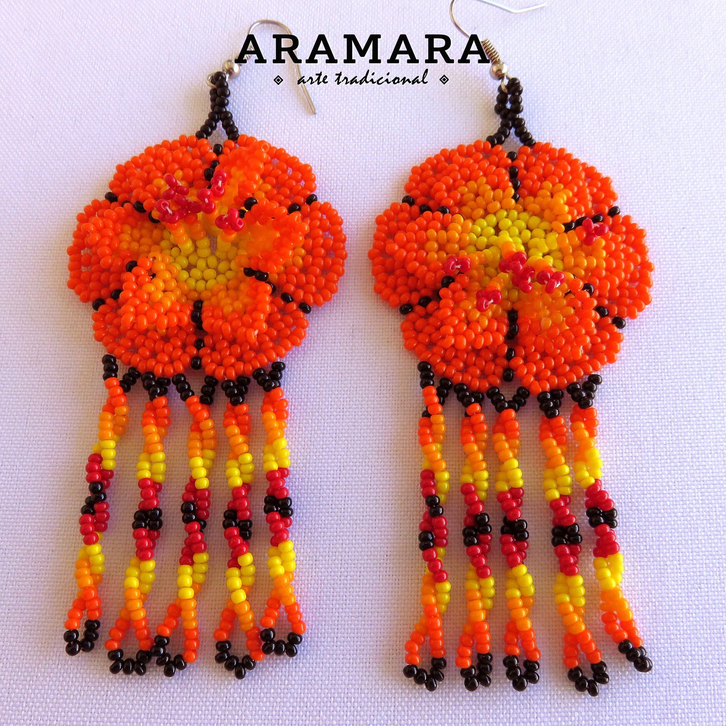 Orange Beaded Flower Earrings | AF-0663