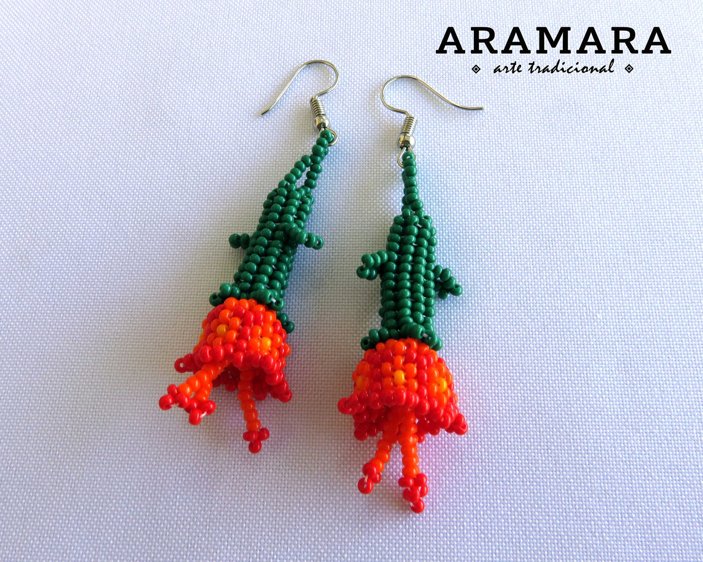 Red Huichol Beaded Flower Earrings | AF-0718