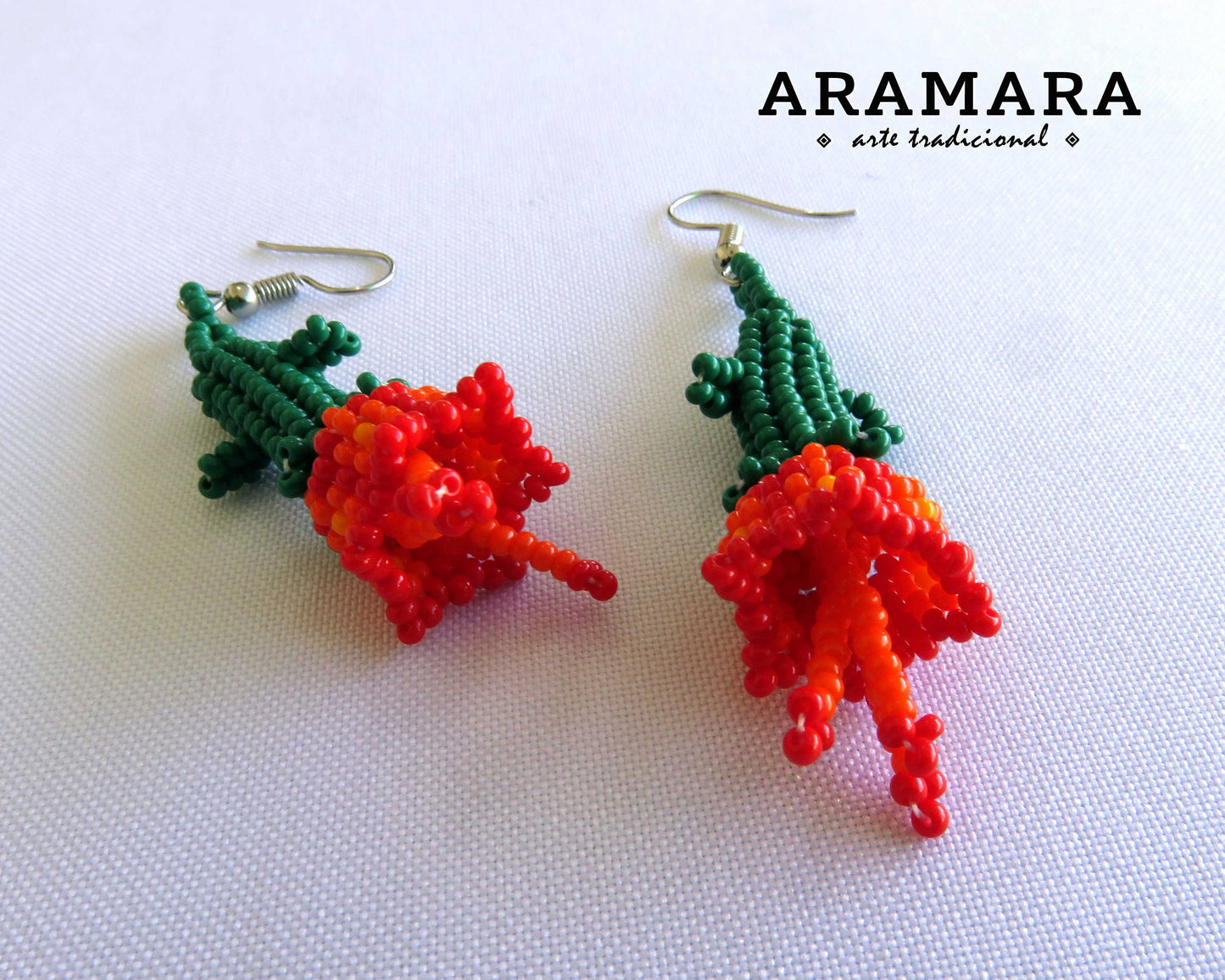 Red Huichol Beaded Flower Earrings | AF-0718