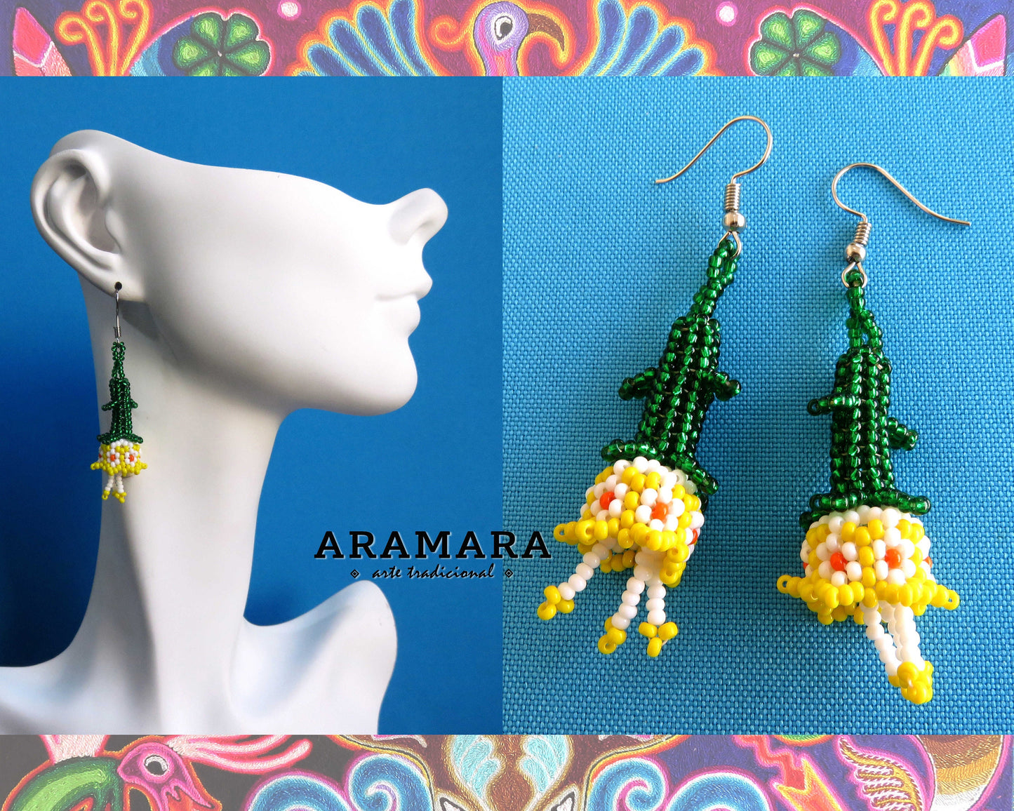 White and Yellow Huichol Beaded Flower Earrings | AF-0728
