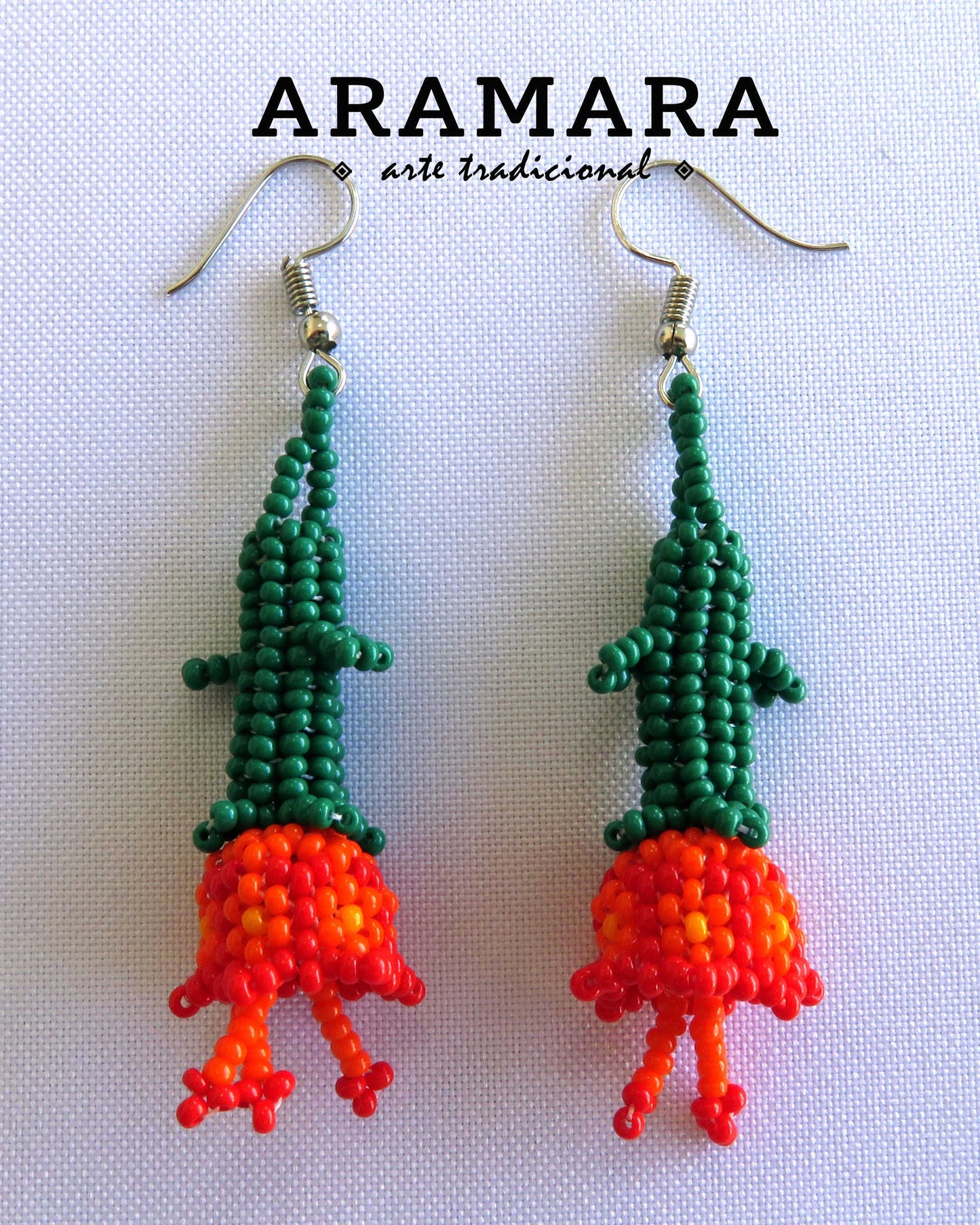 Red Huichol Beaded Flower Earrings | AF-0718