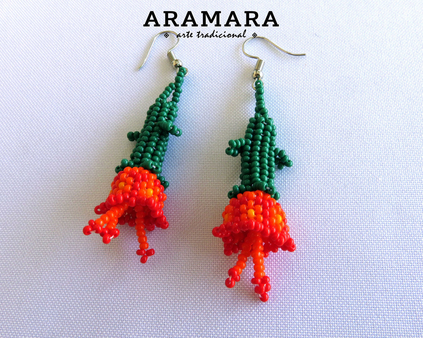 Red Huichol Beaded Flower Earrings | AF-0718