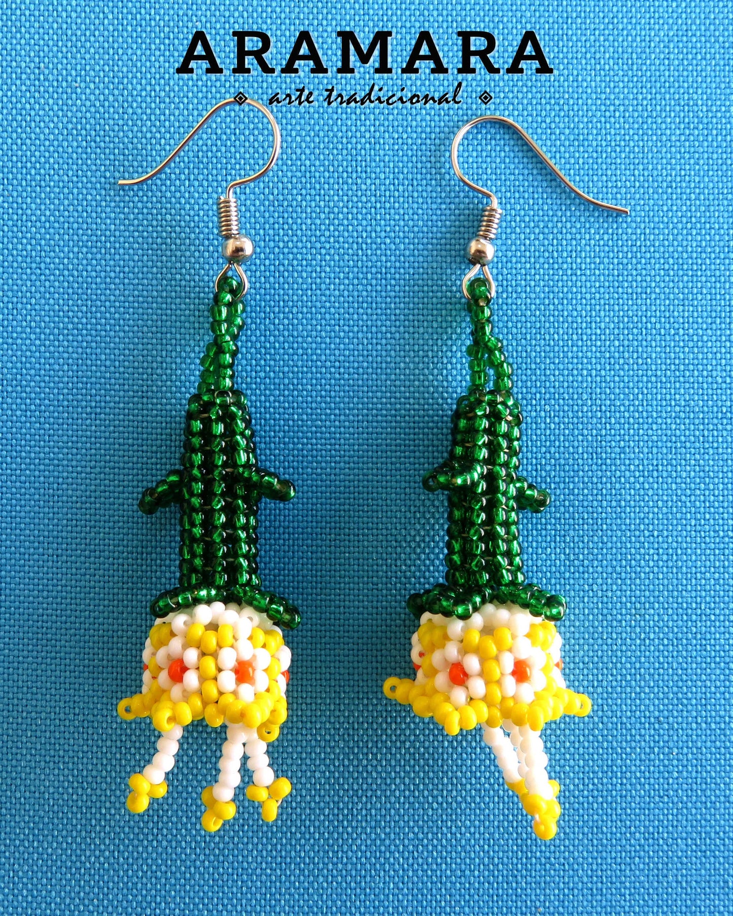 White and Yellow Huichol Beaded Flower Earrings | AF-0728