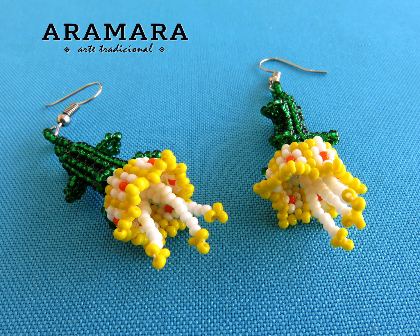 White and Yellow Huichol Beaded Flower Earrings | AF-0728