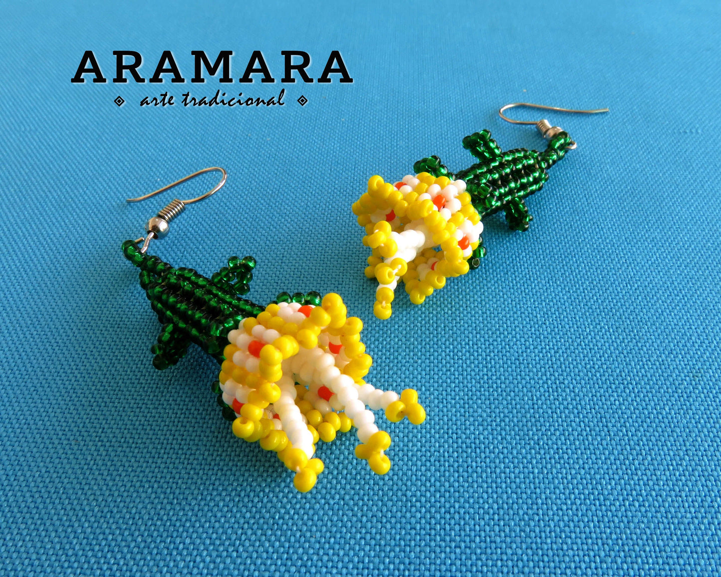 White and Yellow Huichol Beaded Flower Earrings | AF-0728