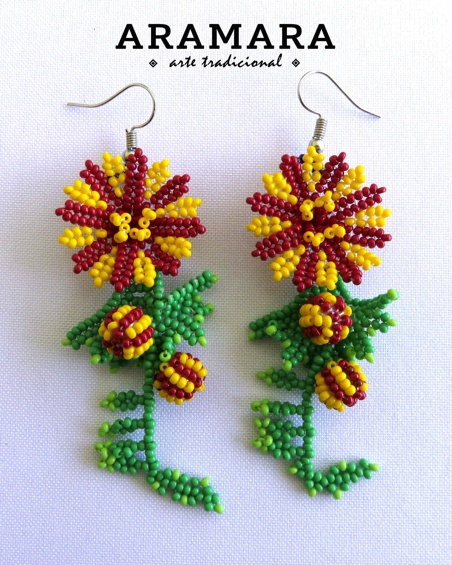 Yellow and Red Huichol Beaded Flower Earrings | AF-0771