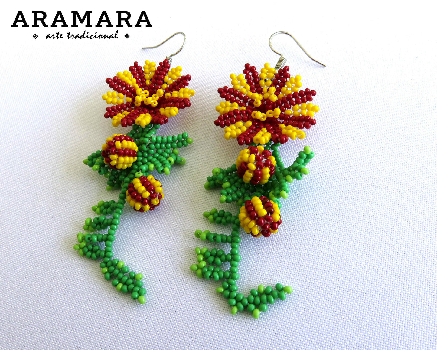 Yellow and Red Huichol Beaded Flower Earrings | AF-0771