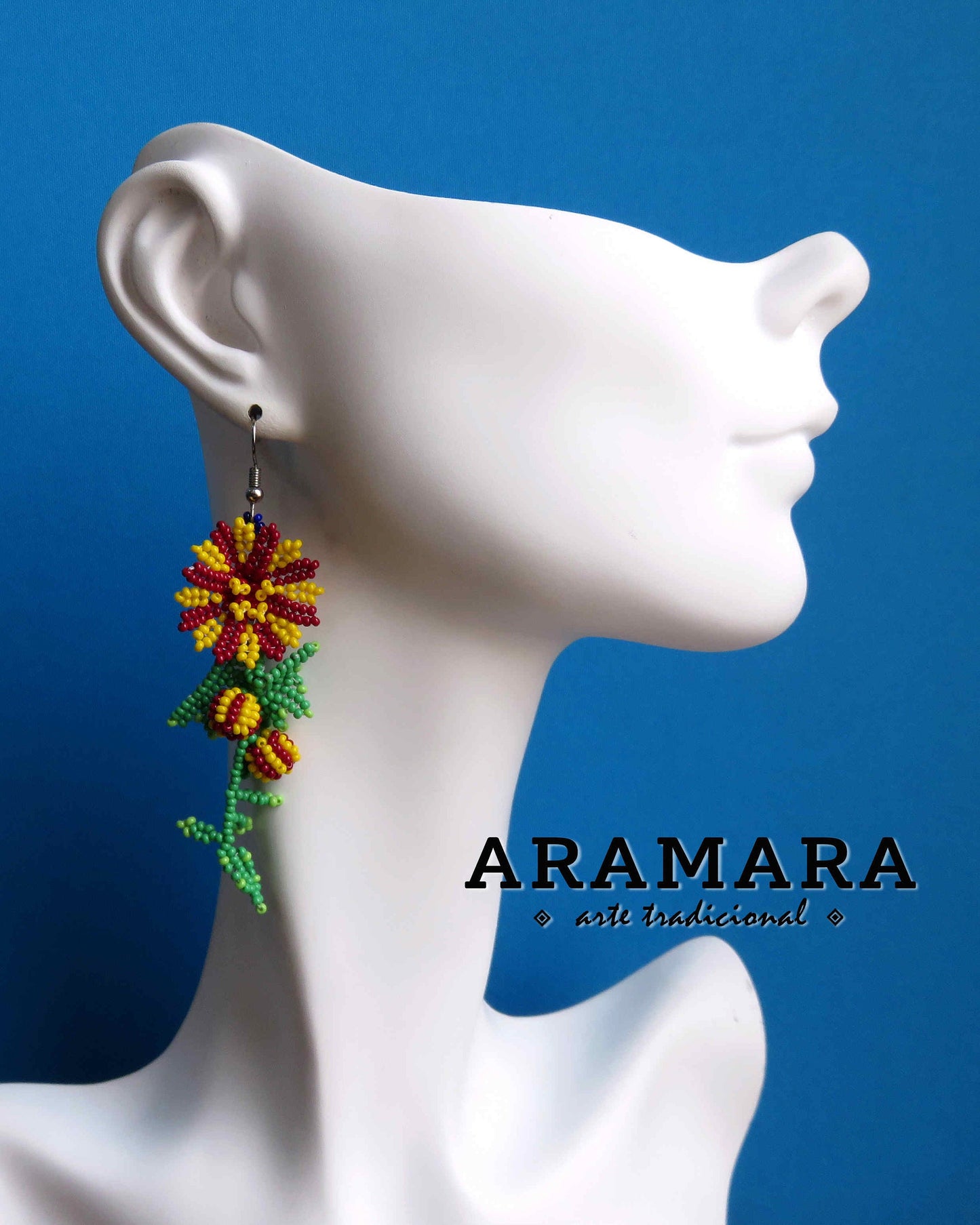 Yellow and Red Huichol Beaded Flower Earrings | AF-0771