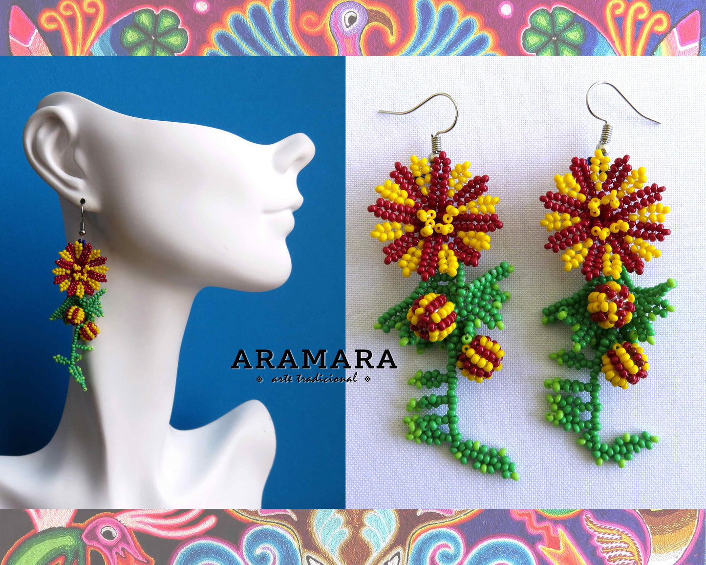 Yellow and Red Huichol Beaded Flower Earrings | AF-0771