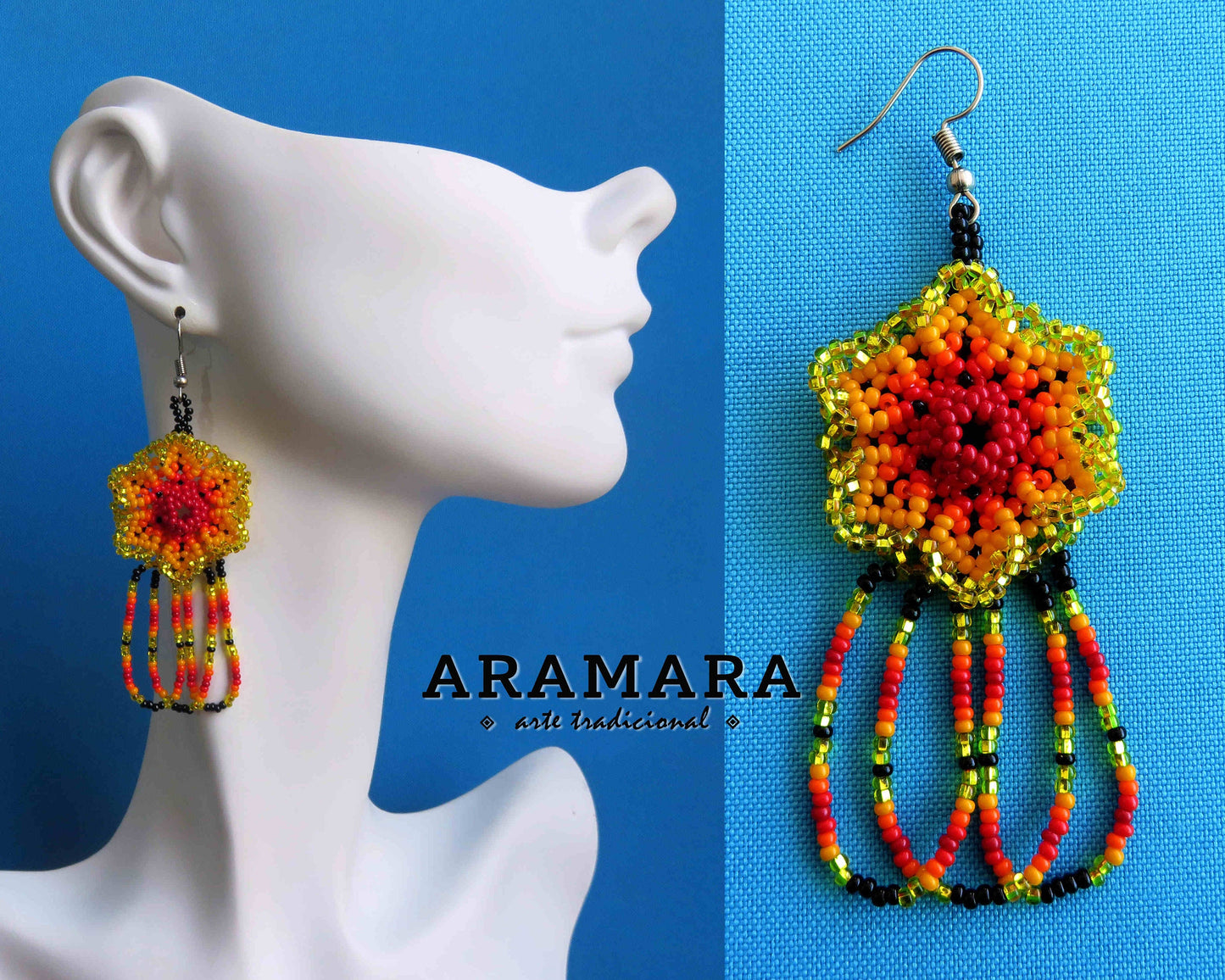 Orange and Red Huichol Beaded Flower Earrings | AF-0796