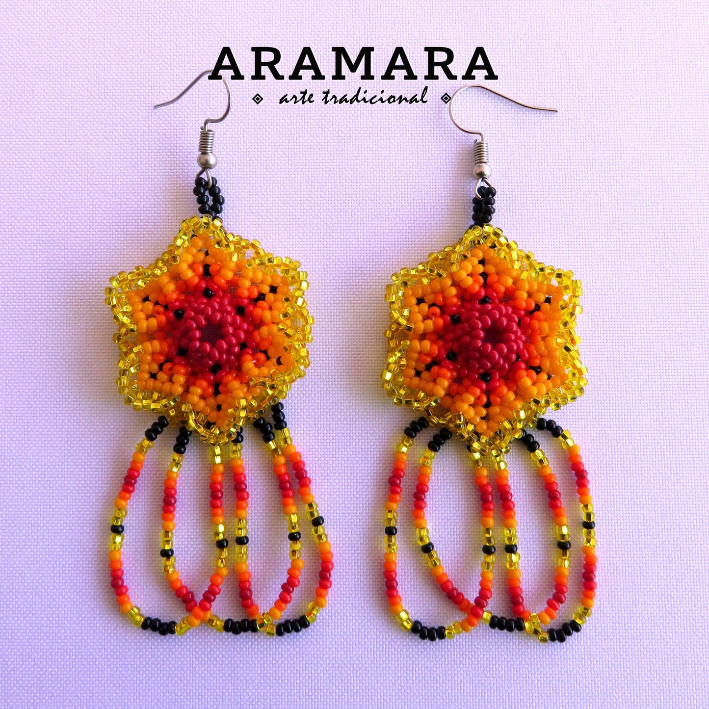 Orange and Red Huichol Beaded Flower Earrings | AF-0796