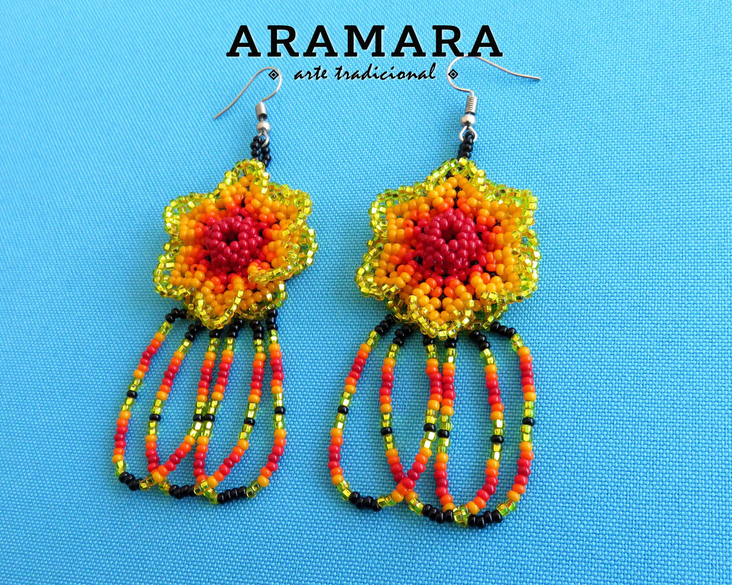 Orange and Red Huichol Beaded Flower Earrings | AF-0796
