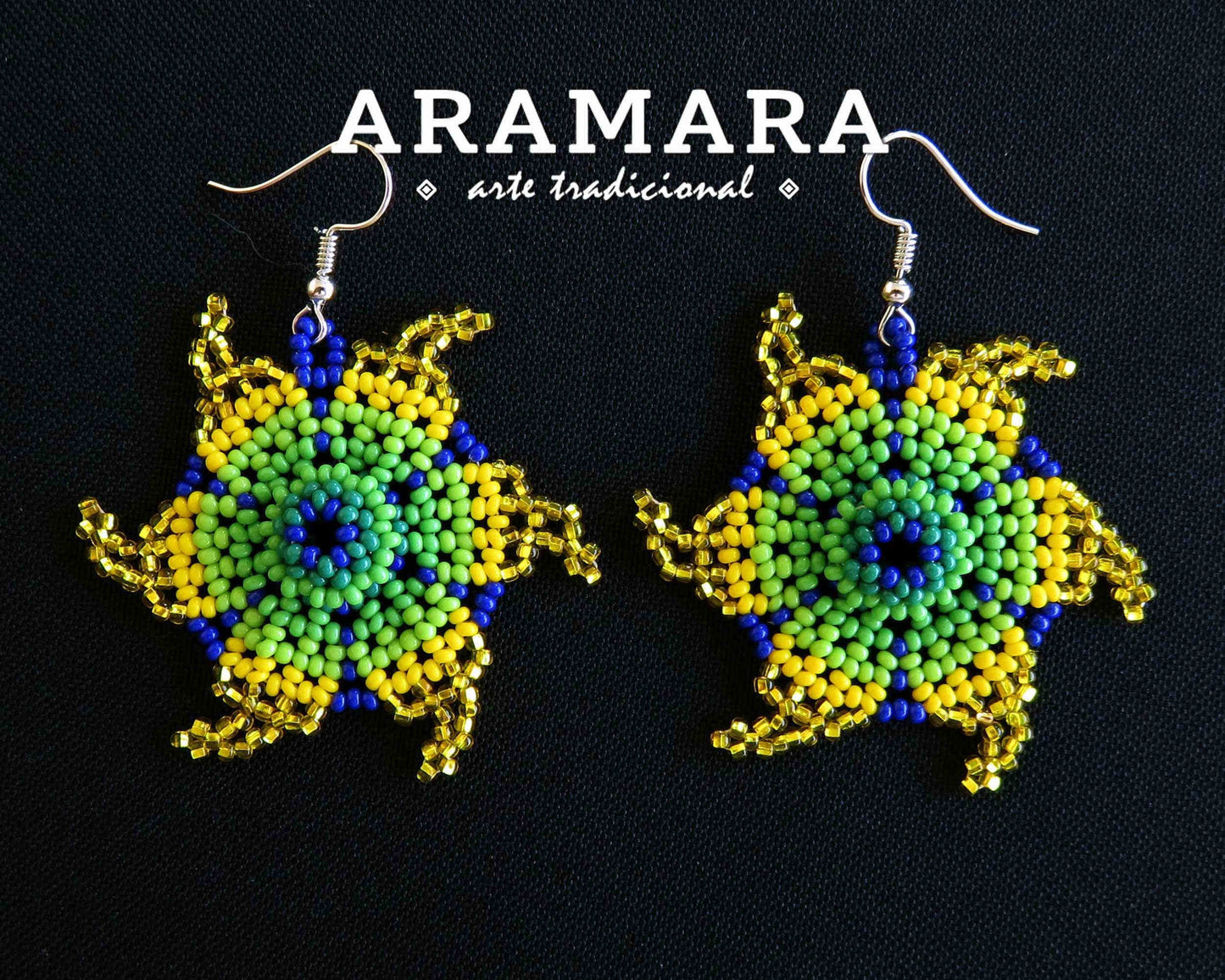 Yellow and green Huichol Beaded Flower Earrings | AF-0802
