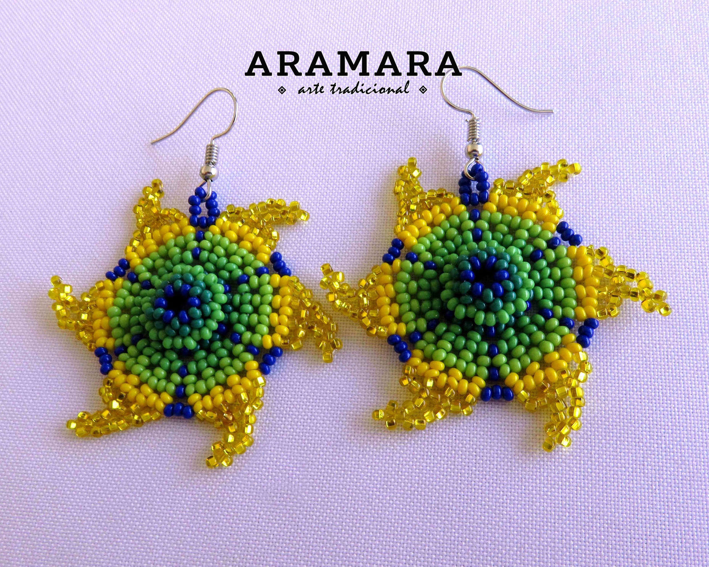 Yellow and green Huichol Beaded Flower Earrings | AF-0802