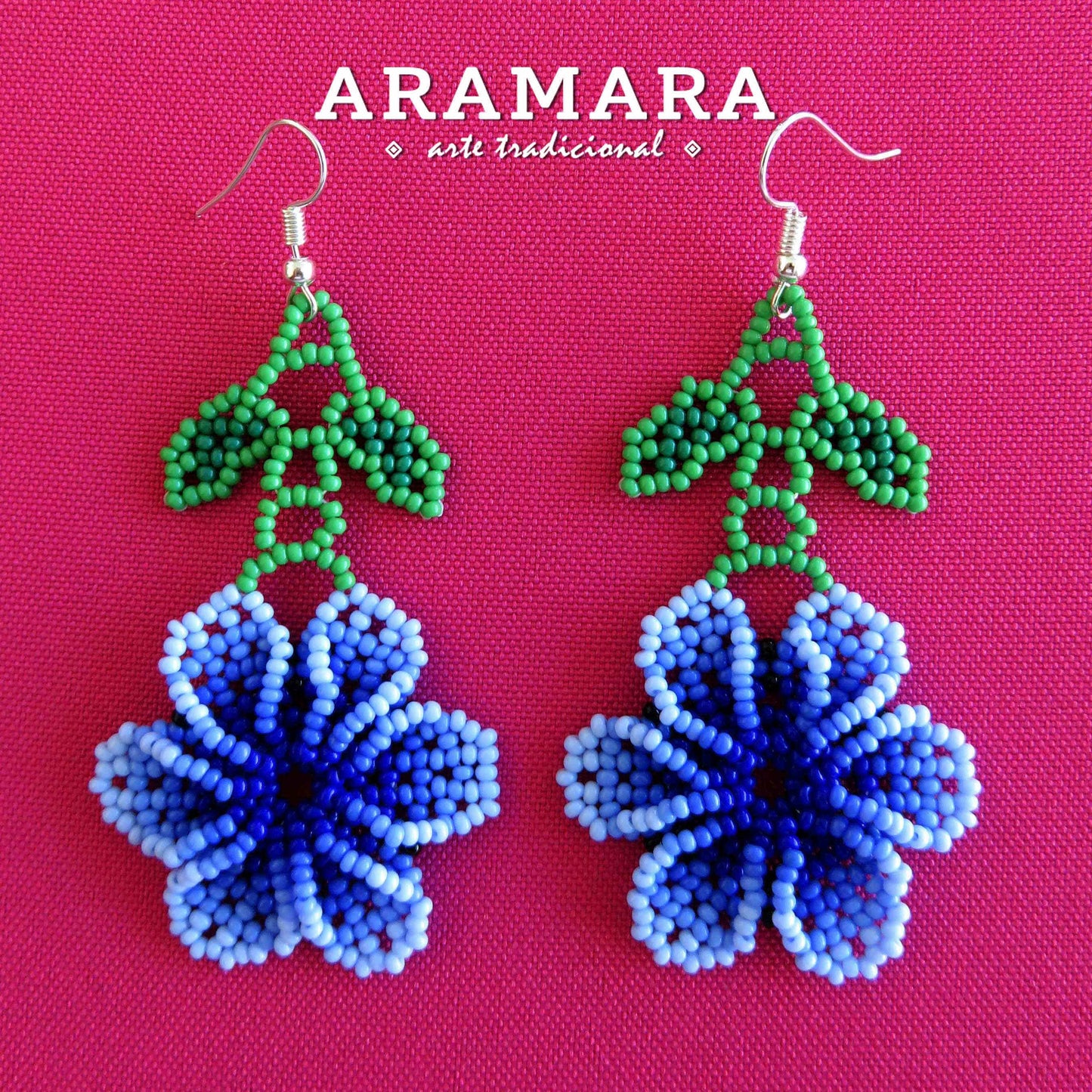 Blue Huichol Earrings Beaded Flower Earrings | AF-0819
