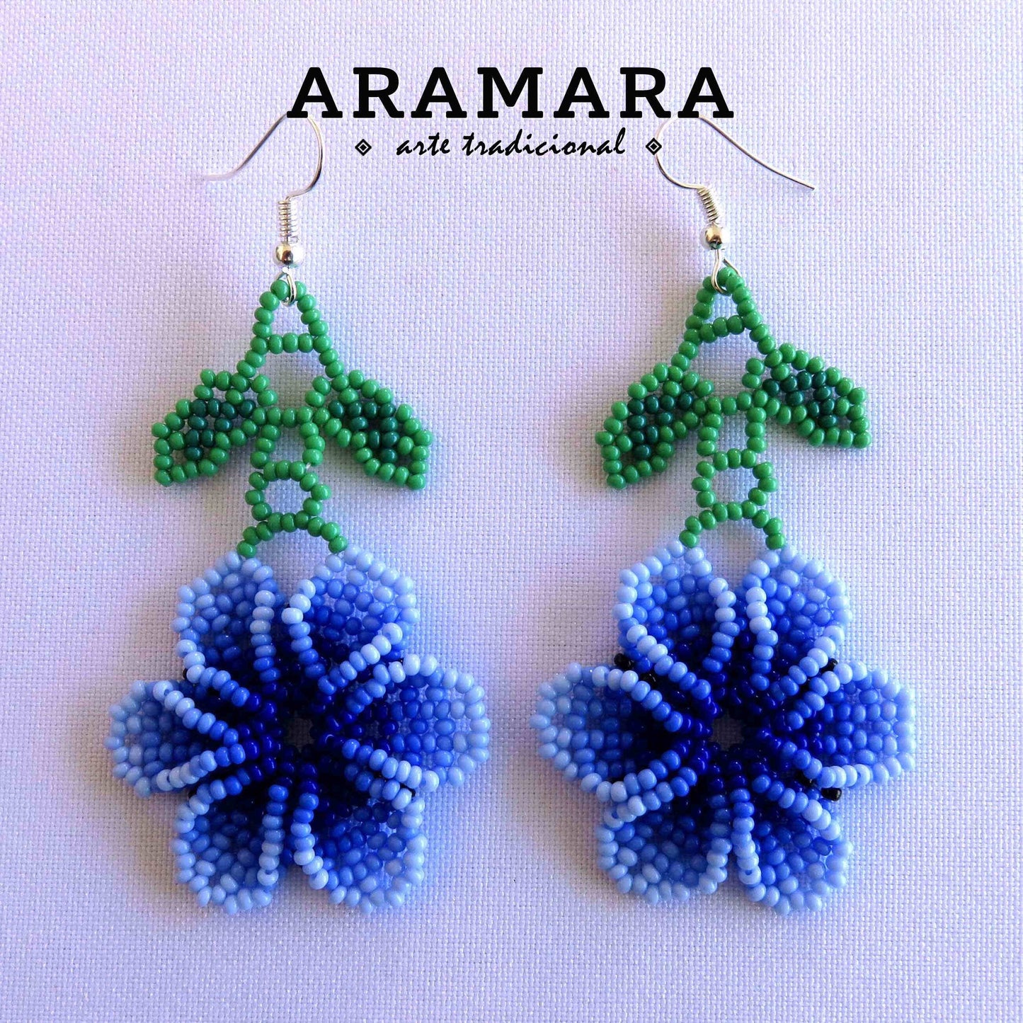 Blue Huichol Earrings Beaded Flower Earrings | AF-0819