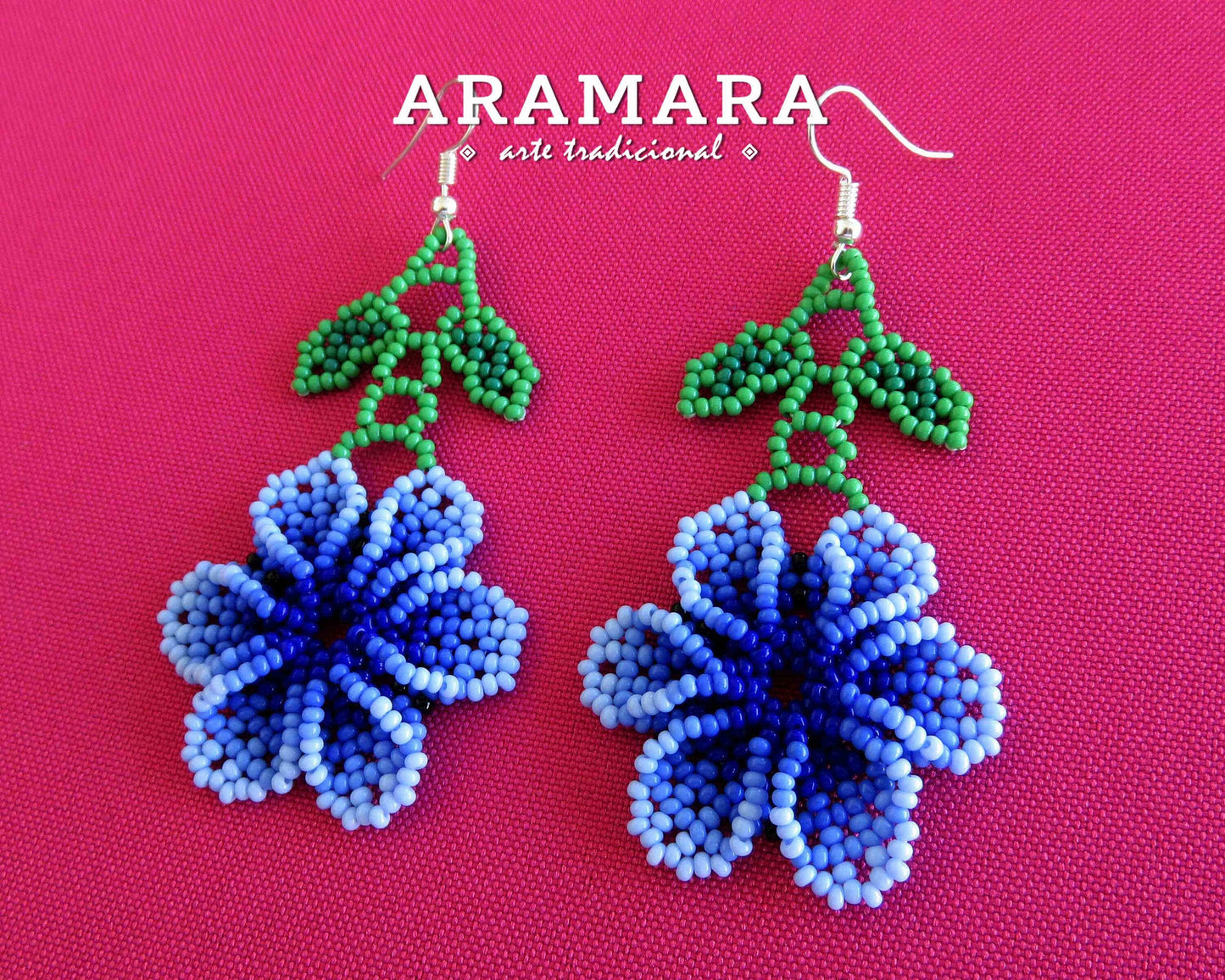 Blue Huichol Earrings Beaded Flower Earrings | AF-0819