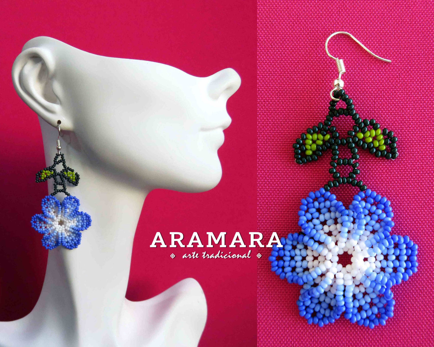 Blue and white Huichol Beaded Flower Earrings | AF-0823
