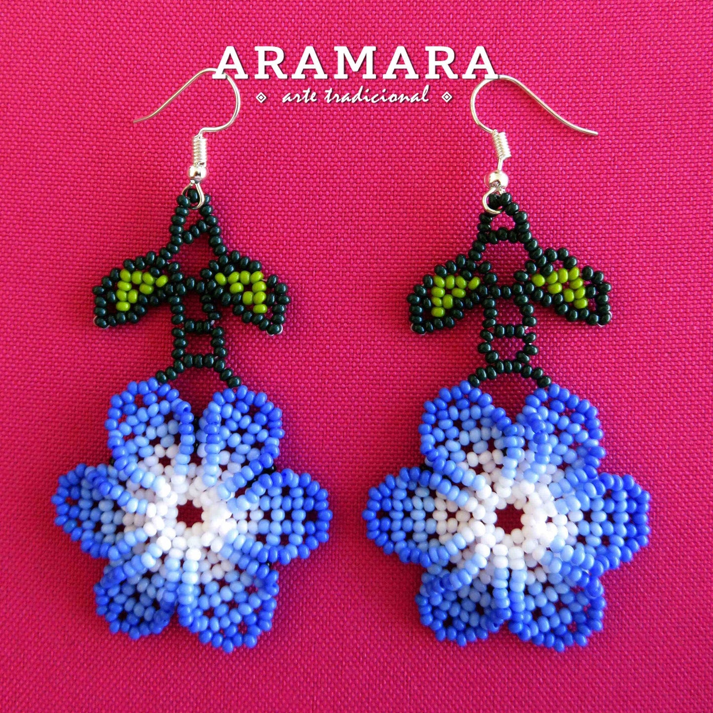 Blue and white Huichol Beaded Flower Earrings | AF-0823