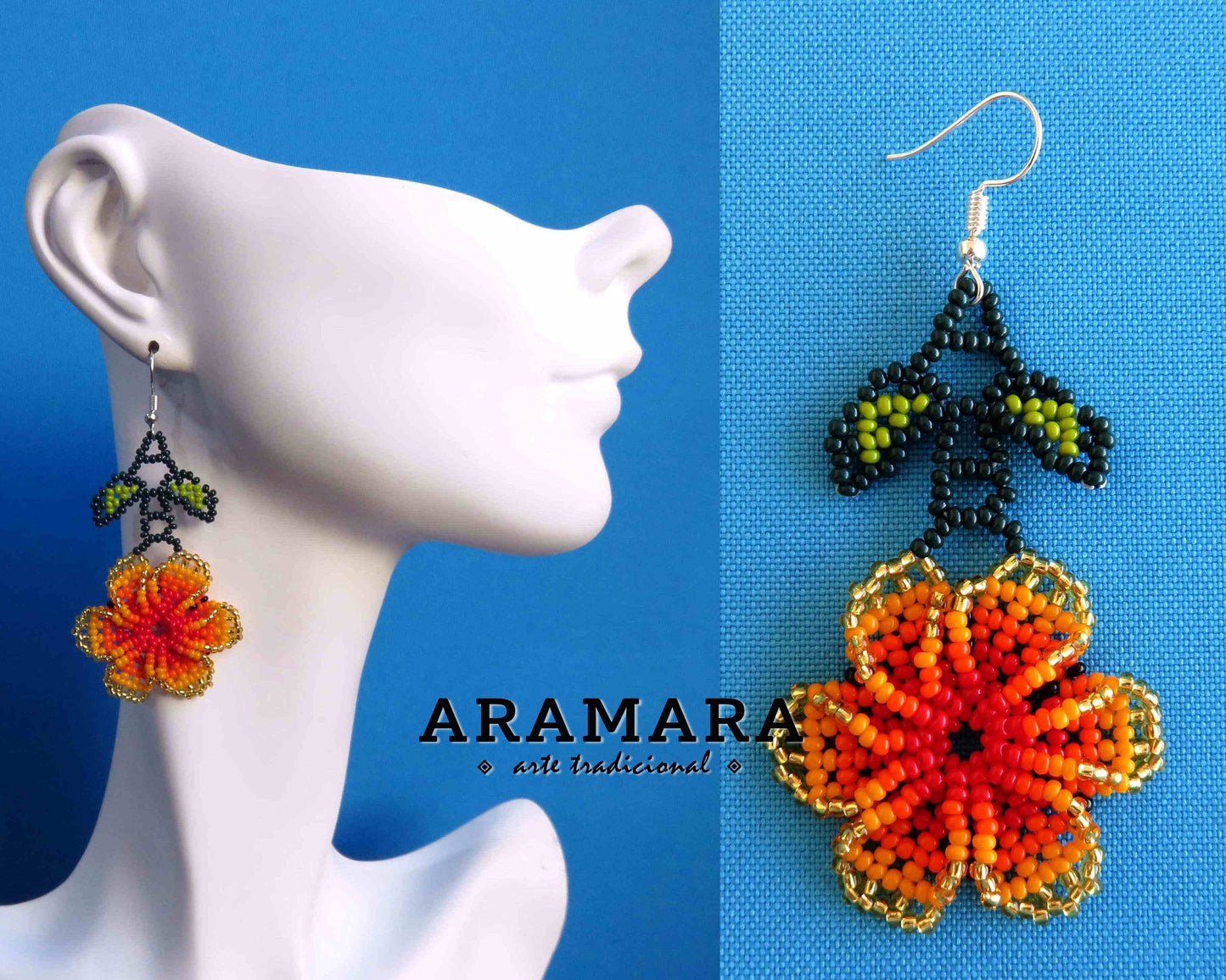 Orange Huichol Beaded Flower Earrings | AF-0824