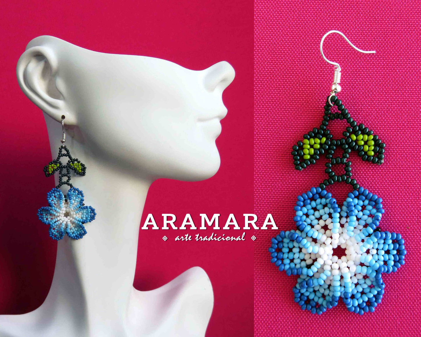 Mexican folk art, Mexican Jewelry, Native american earrings, Mexican earrings, Beaded Flower, Flower Earrings, Huichol Earrings, AF-0825