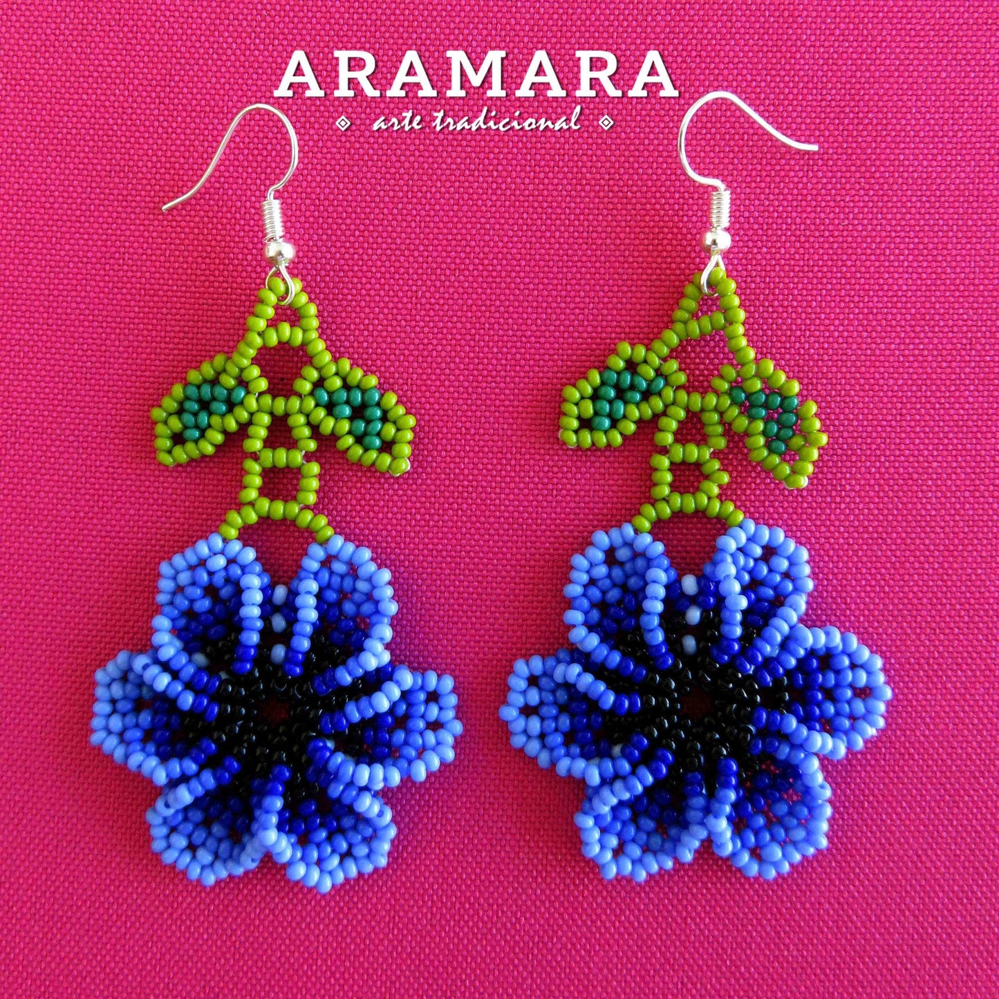 Blue Huichol Beaded Flower Earrings | AF-0829