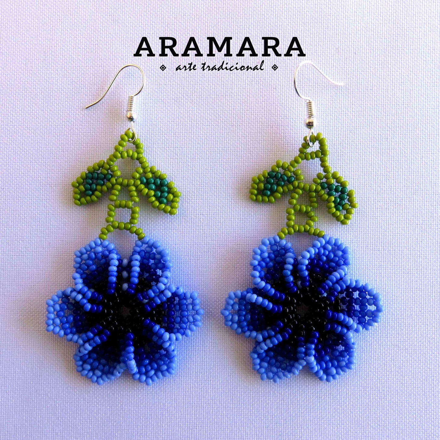 Blue Huichol Beaded Flower Earrings | AF-0829