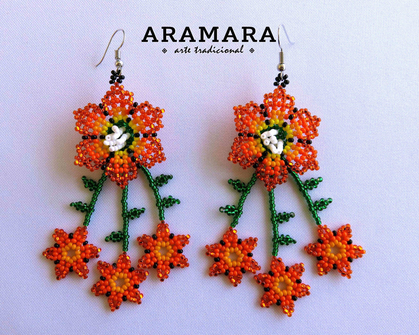 Red Huichol Beaded Flower Earrings | AF-0839
