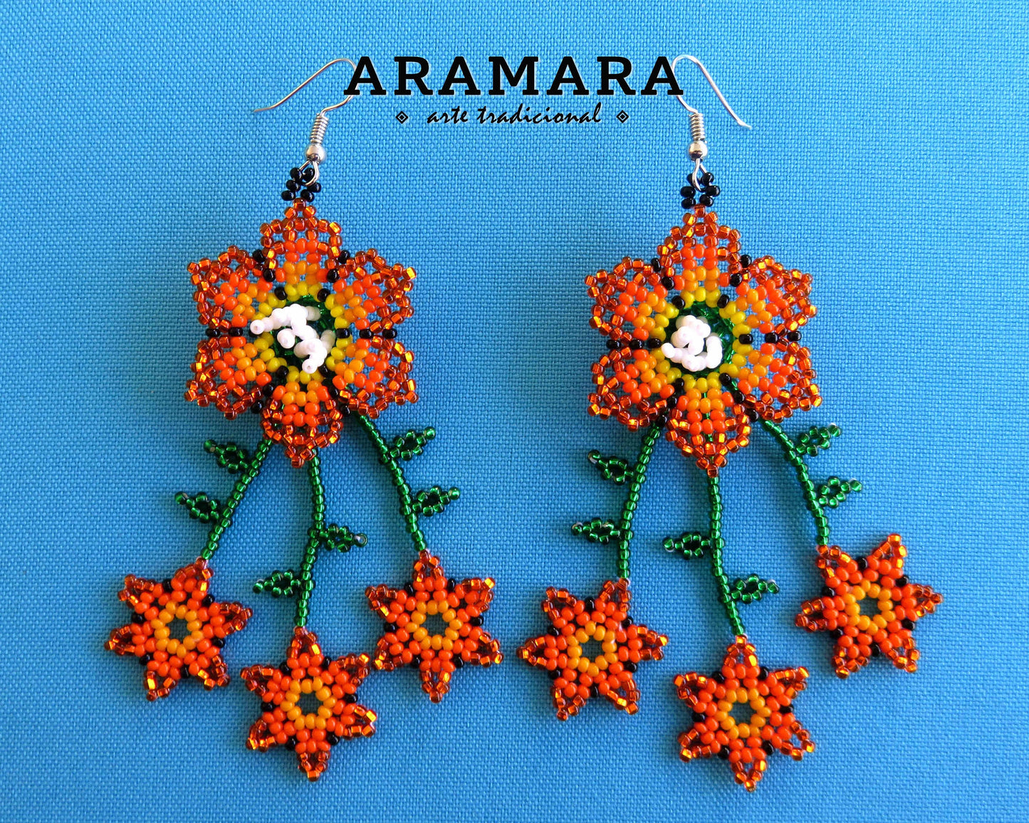 Red Huichol Beaded Flower Earrings | AF-0839