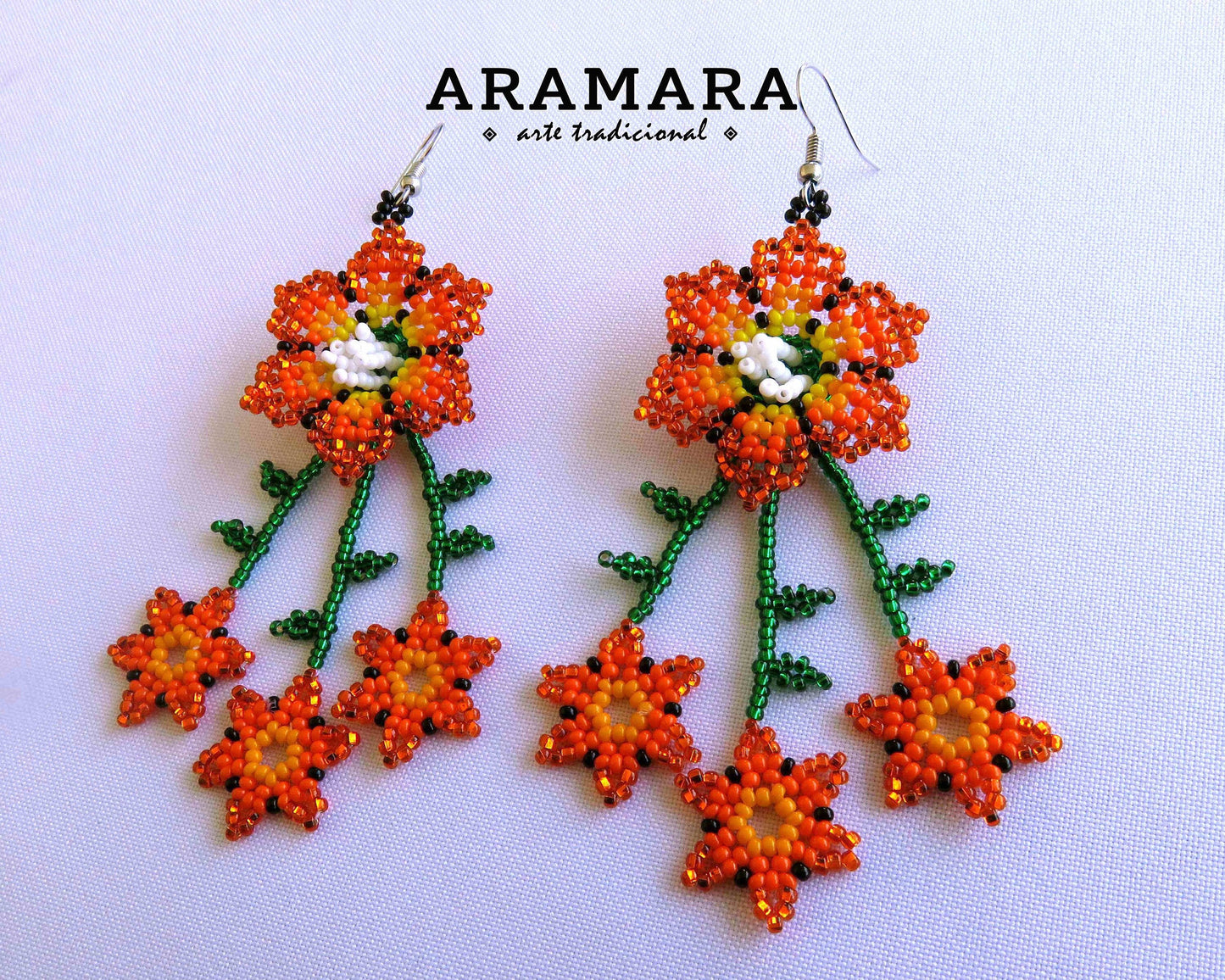 Red Huichol Beaded Flower Earrings | AF-0839