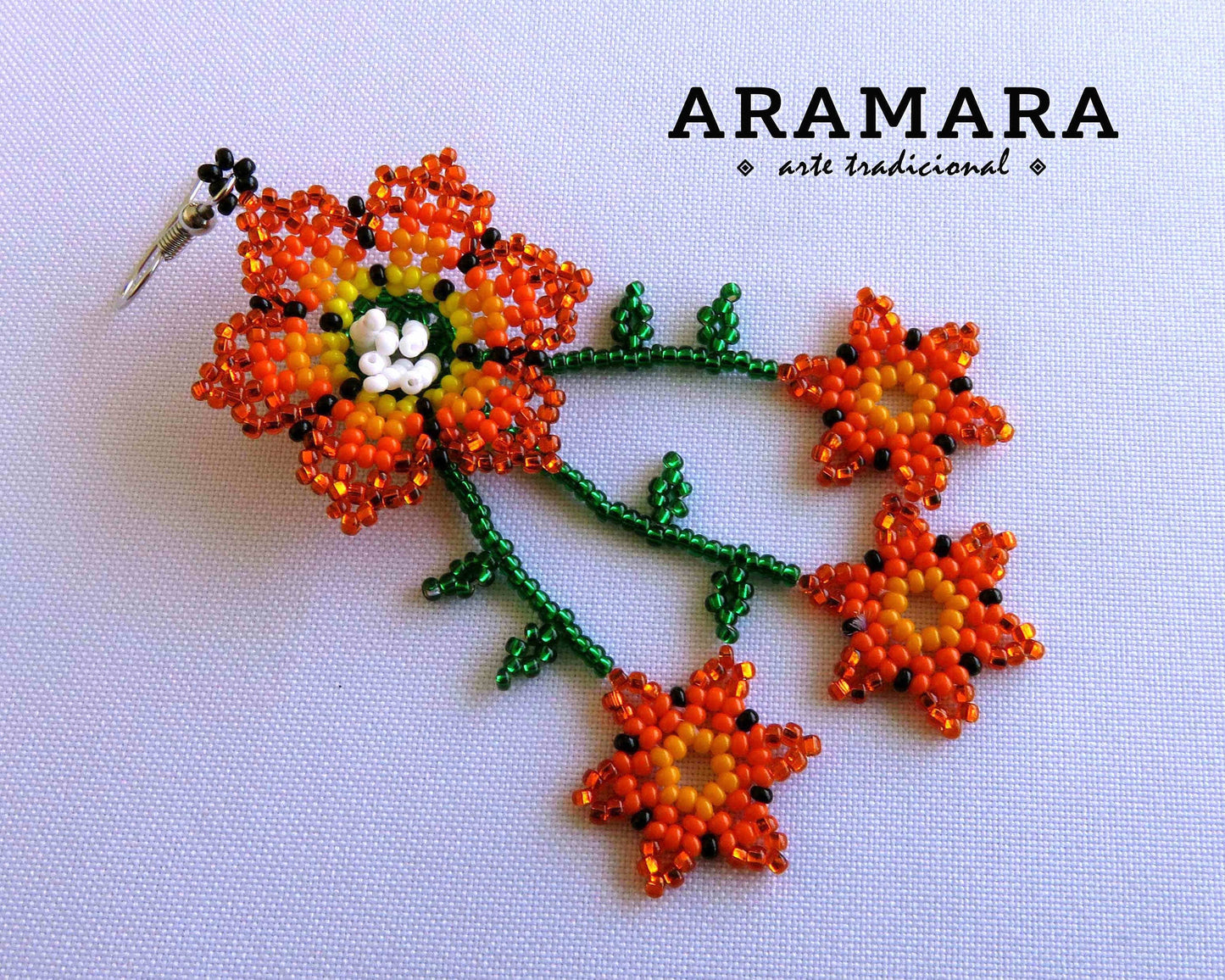 Red Huichol Beaded Flower Earrings | AF-0839