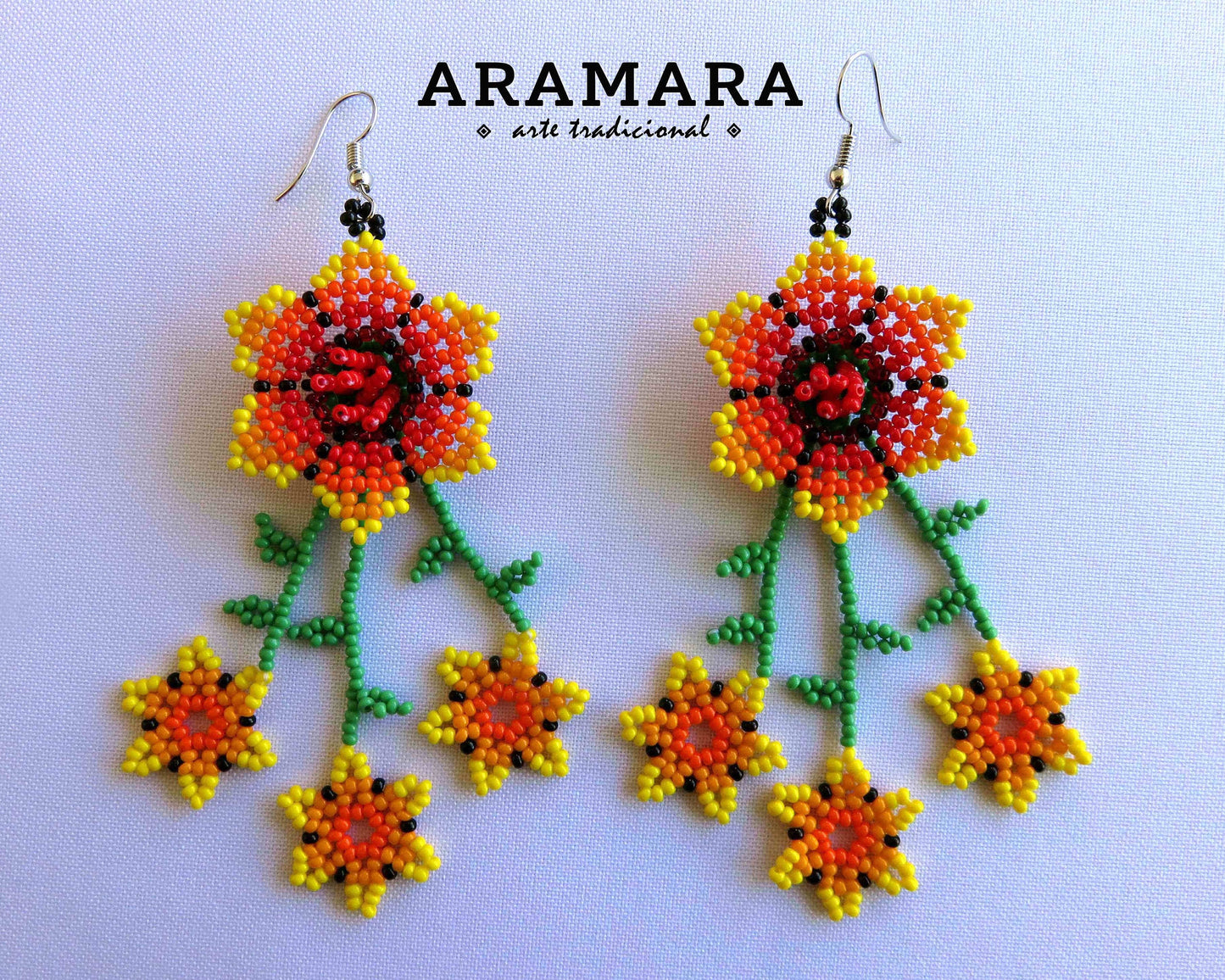 Yellow and orange Huichol Beaded Flower Earrings | AF-0841